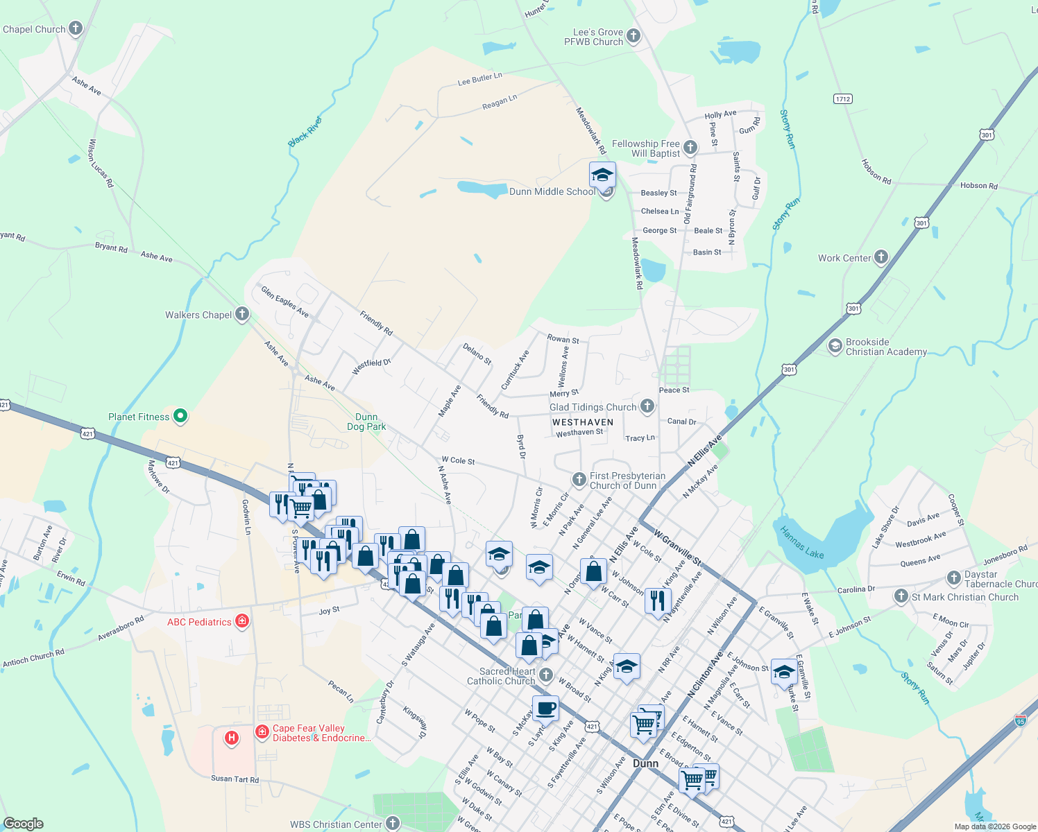 map of restaurants, bars, coffee shops, grocery stores, and more near 1111 Friendly Rd in Dunn