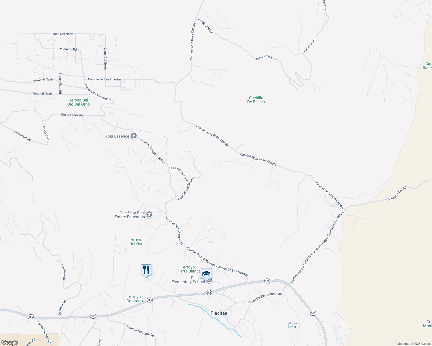 map of restaurants, bars, coffee shops, grocery stores, and more near 22 Calle Del Arroyo in Placitas