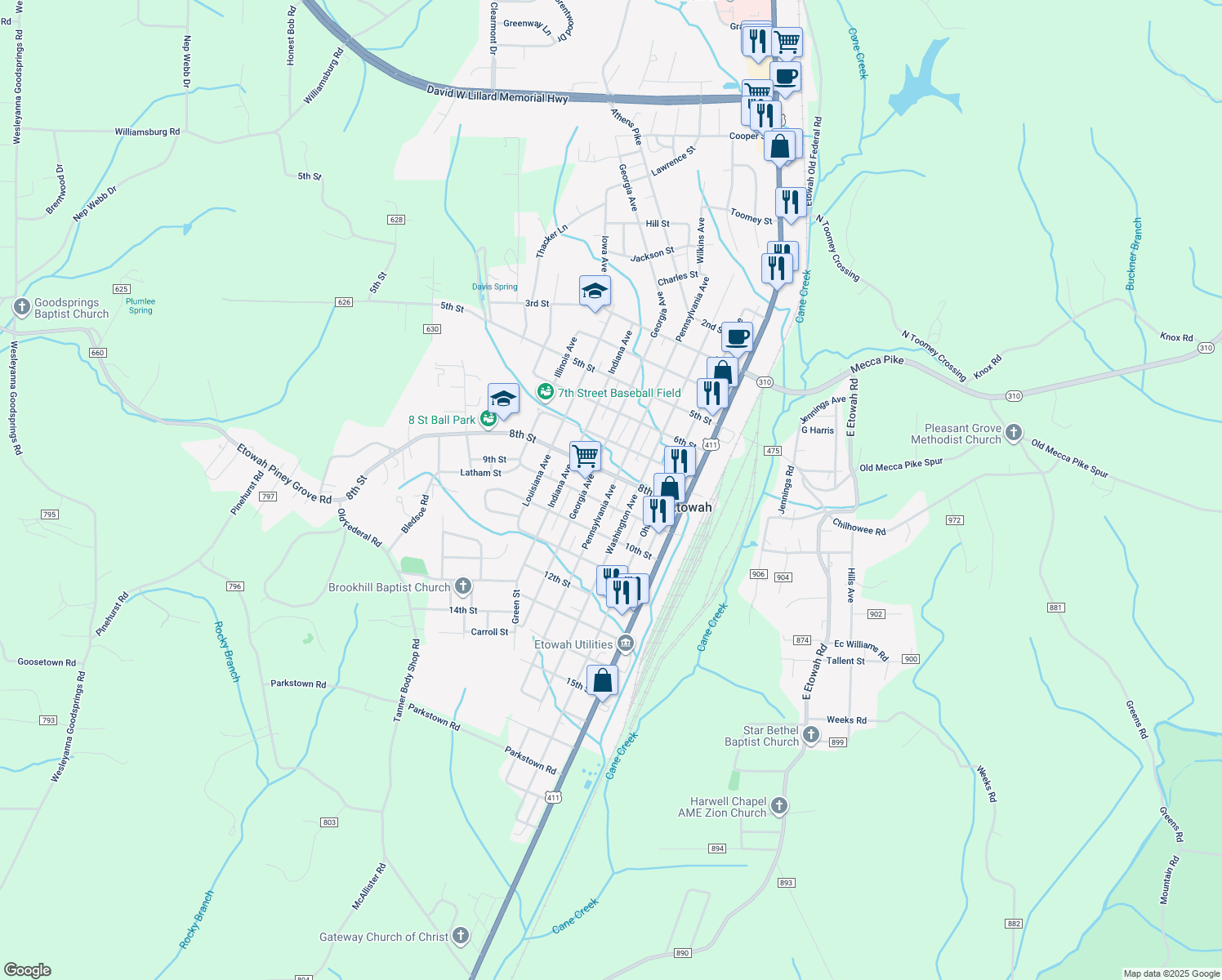 map of restaurants, bars, coffee shops, grocery stores, and more near 823 Pennsylvania Avenue in Etowah