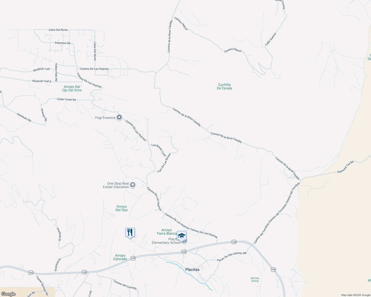map of restaurants, bars, coffee shops, grocery stores, and more near 22 Calle Del Arroyo in Placitas