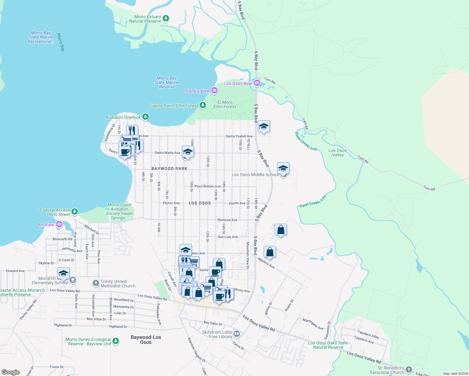 map of restaurants, bars, coffee shops, grocery stores, and more near 1500 15th Street in Baywood-Los Osos