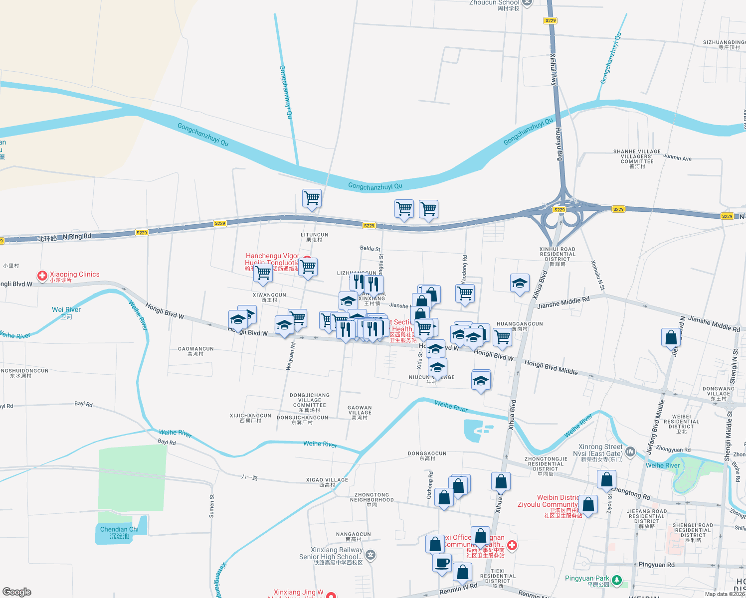 map of restaurants, bars, coffee shops, grocery stores, and more near in Xinxiang