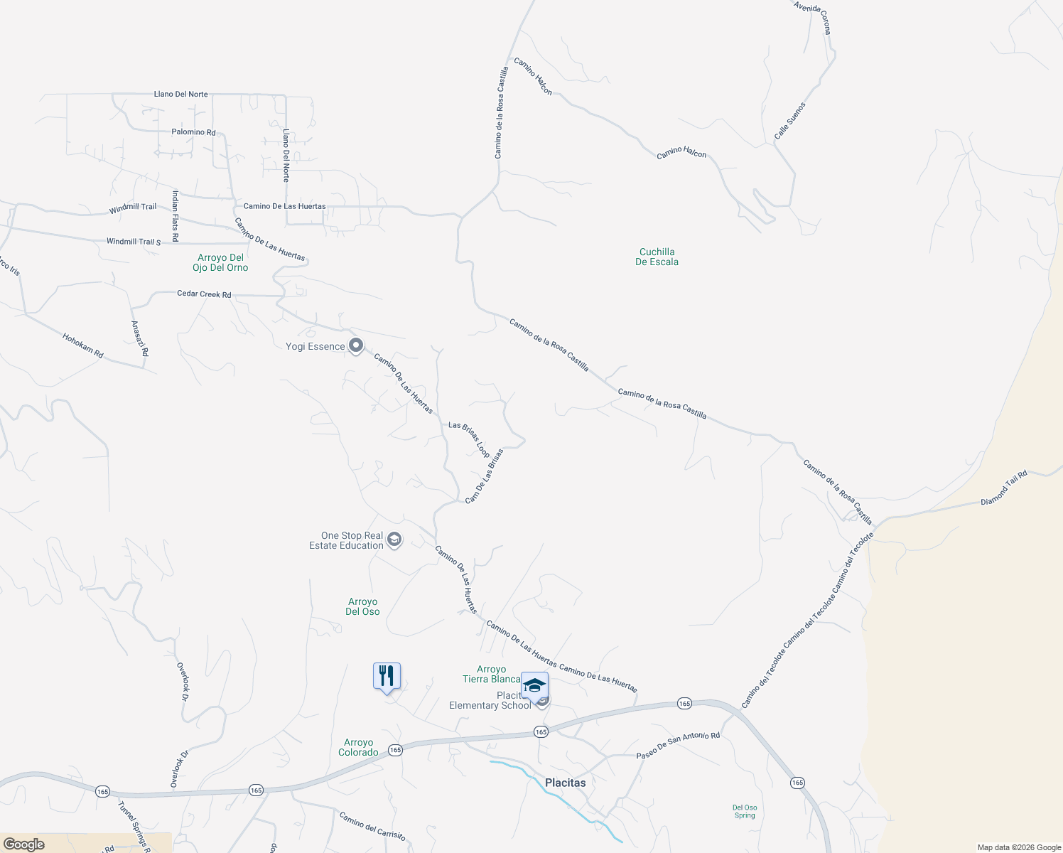 map of restaurants, bars, coffee shops, grocery stores, and more near 22 Calle Del Arroyo in Placitas
