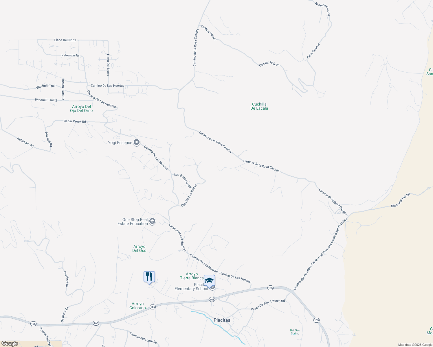 map of restaurants, bars, coffee shops, grocery stores, and more near 9 Tres Amigos Road in Placitas