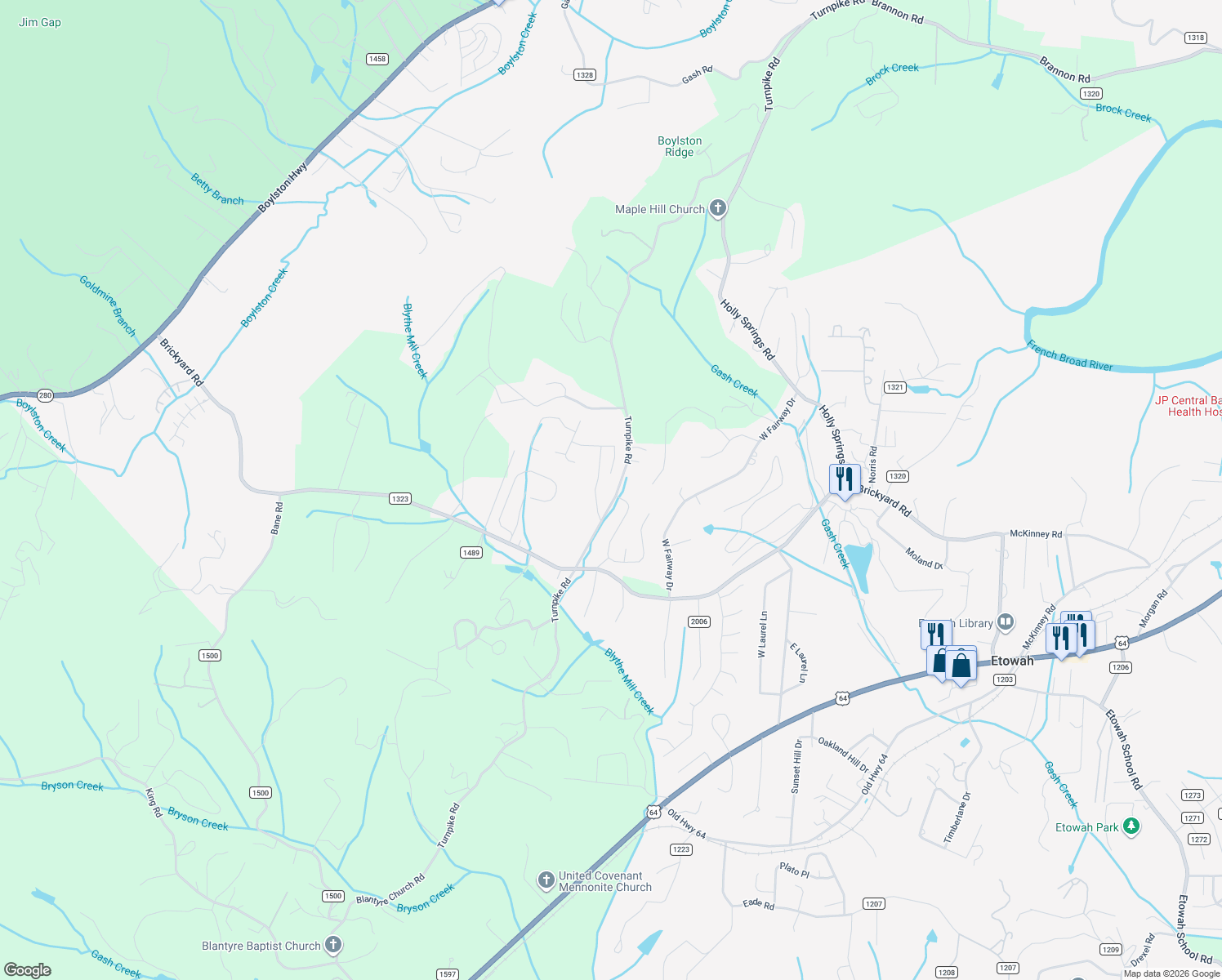 map of restaurants, bars, coffee shops, grocery stores, and more near 137 East Sunset Ridge Drive in Etowah