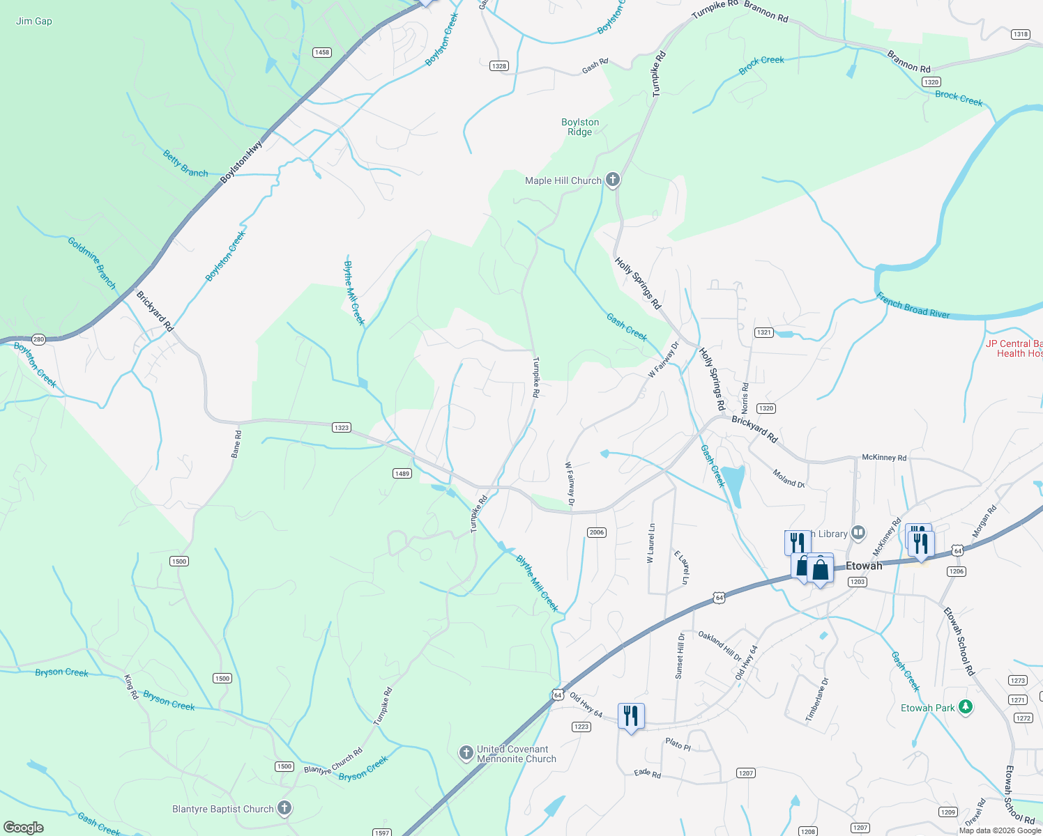 map of restaurants, bars, coffee shops, grocery stores, and more near 137 East Sunset Ridge Drive in Etowah