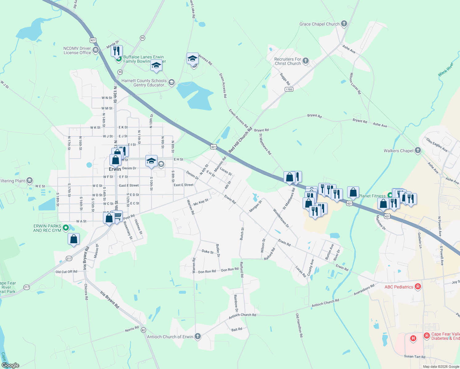 map of restaurants, bars, coffee shops, grocery stores, and more near 201 4th Street in Erwin