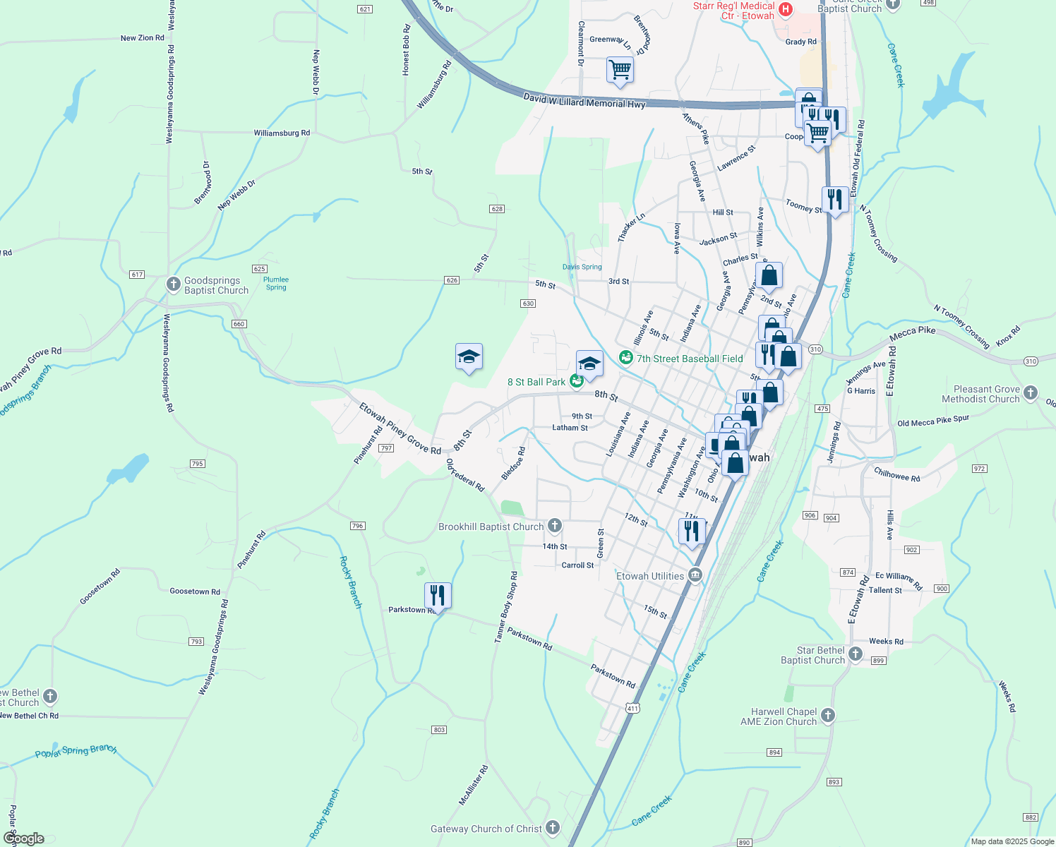 map of restaurants, bars, coffee shops, grocery stores, and more near 816 Dunn St in Etowah