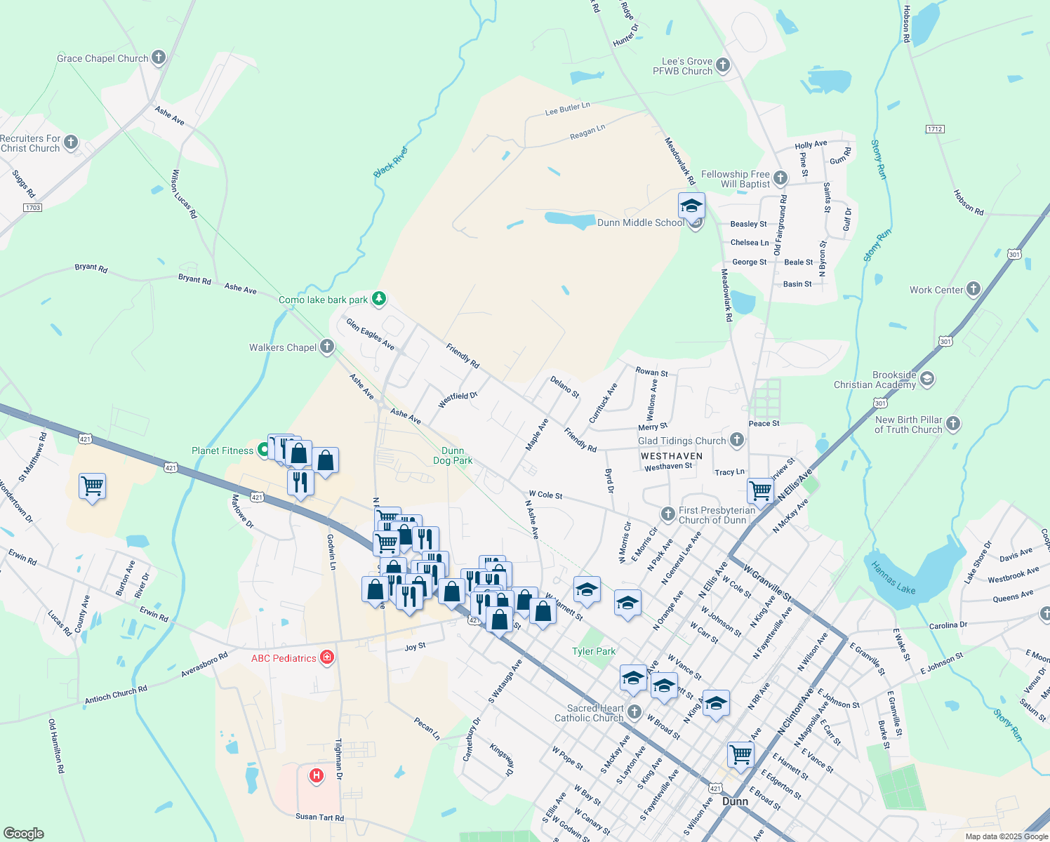 map of restaurants, bars, coffee shops, grocery stores, and more near 108 Bishop Lane in Dunn