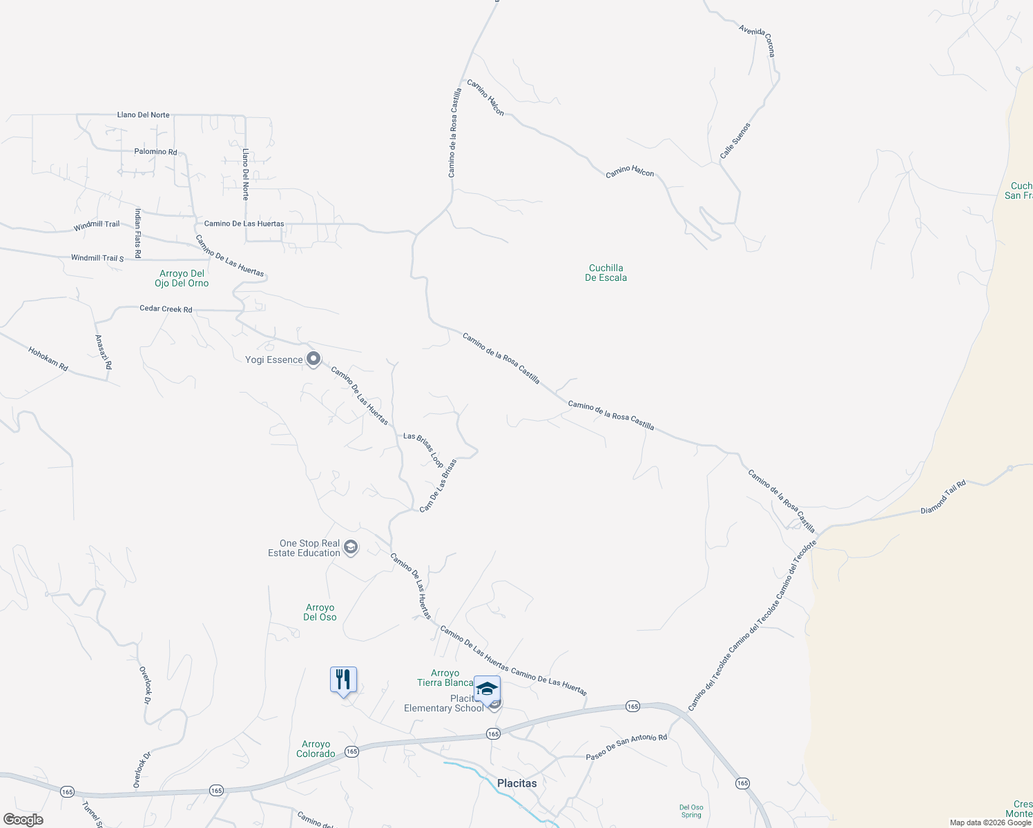 map of restaurants, bars, coffee shops, grocery stores, and more near 9 Tres Amigos Road in Placitas