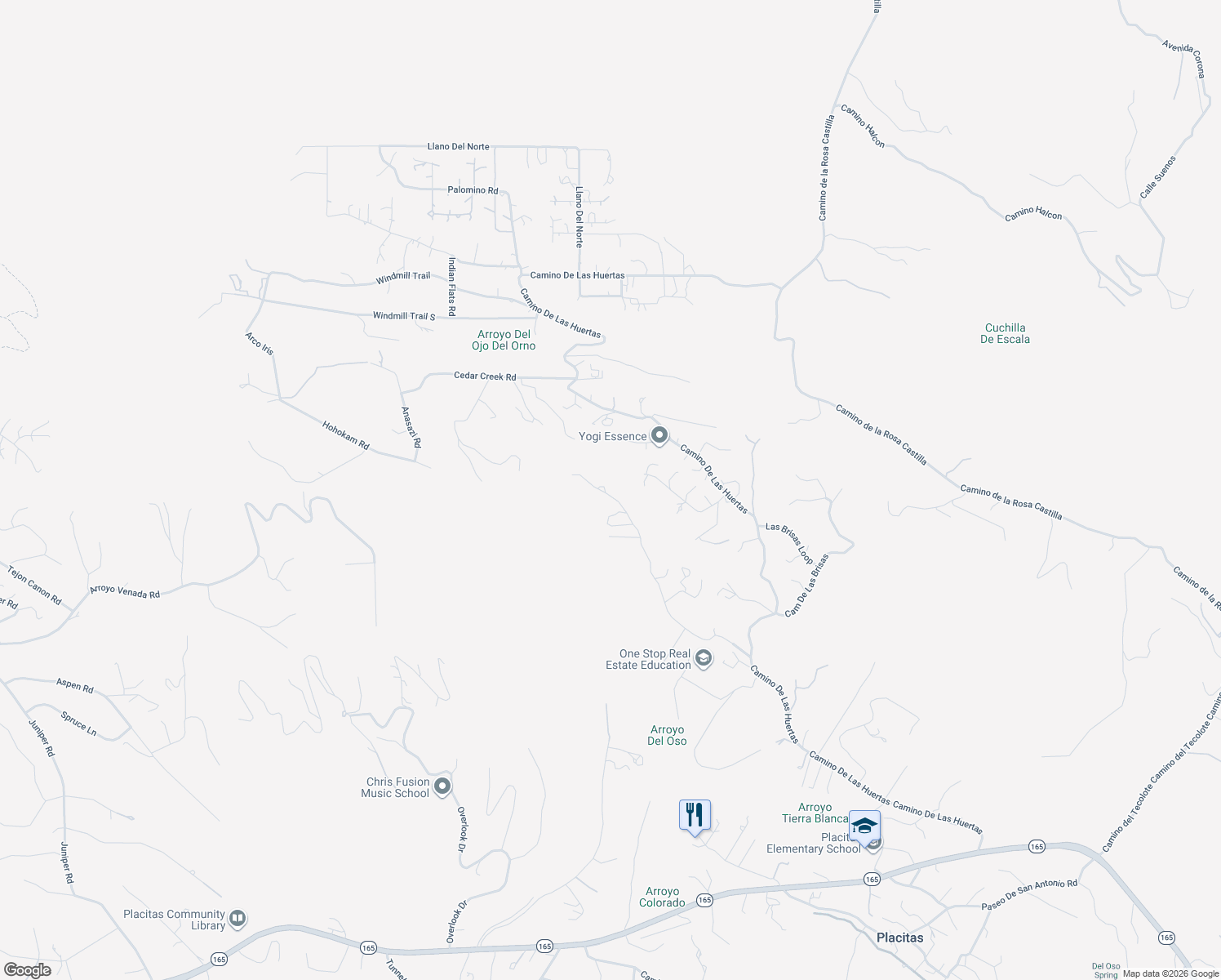 map of restaurants, bars, coffee shops, grocery stores, and more near 58 Loma Chata Road in Placitas