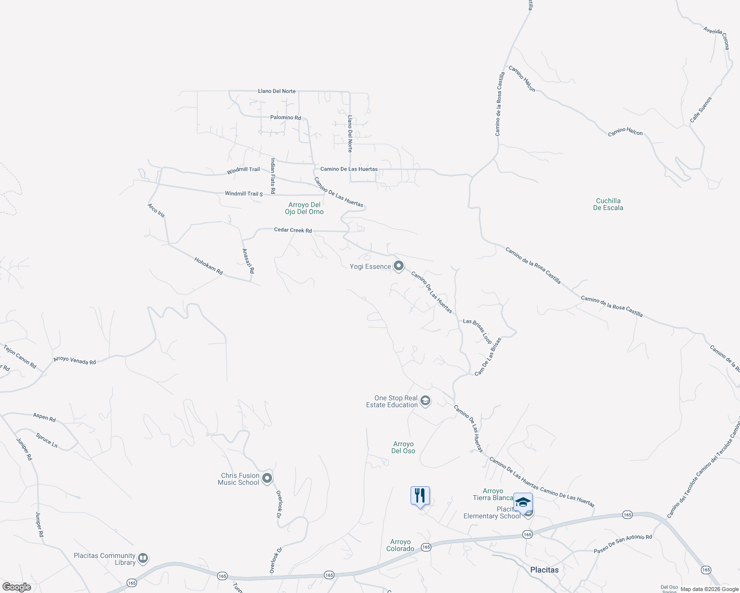 map of restaurants, bars, coffee shops, grocery stores, and more near 58 Loma Chata Road in Placitas