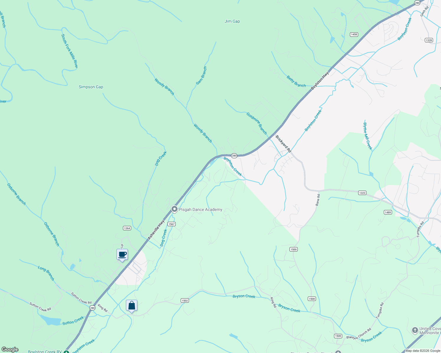 map of restaurants, bars, coffee shops, grocery stores, and more near 80 Gobbler Circle in Horse Shoe