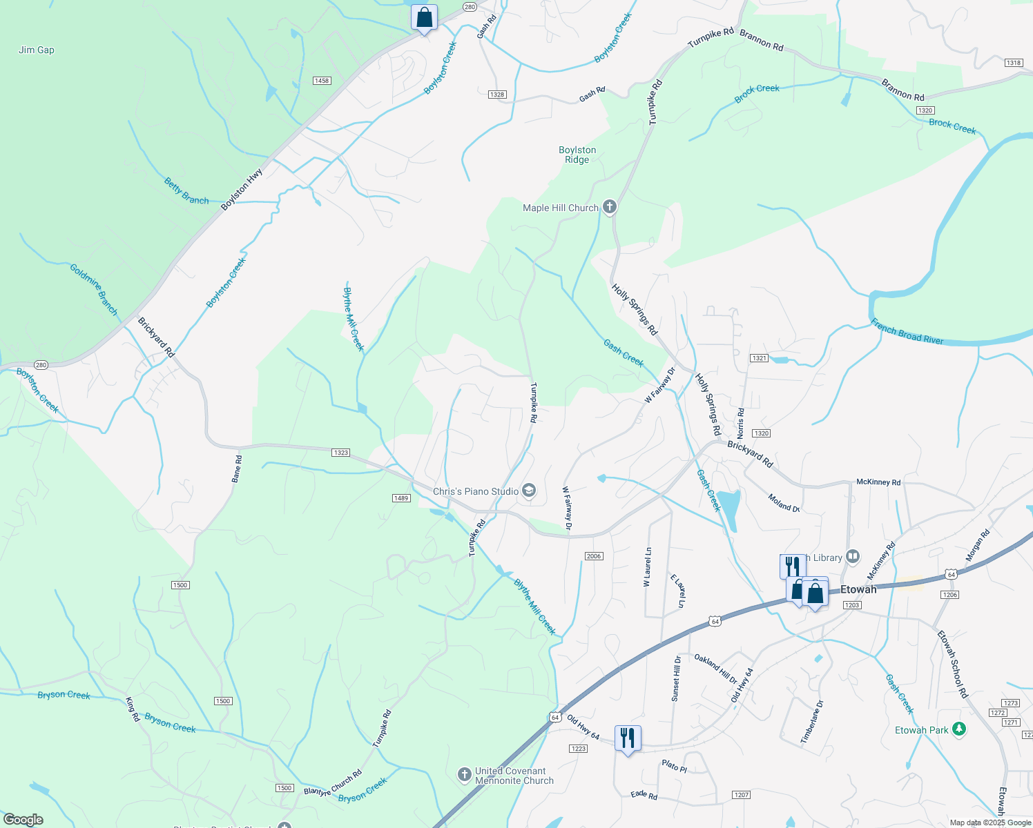 map of restaurants, bars, coffee shops, grocery stores, and more near 208 Sunset Ridge Drive in Etowah