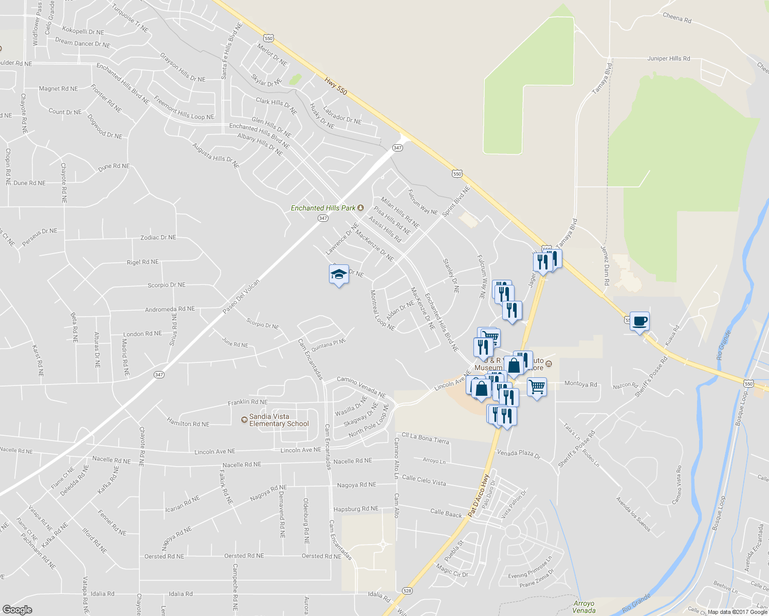 map of restaurants, bars, coffee shops, grocery stores, and more near 4063 Gambia Drive Northeast in Rio Rancho