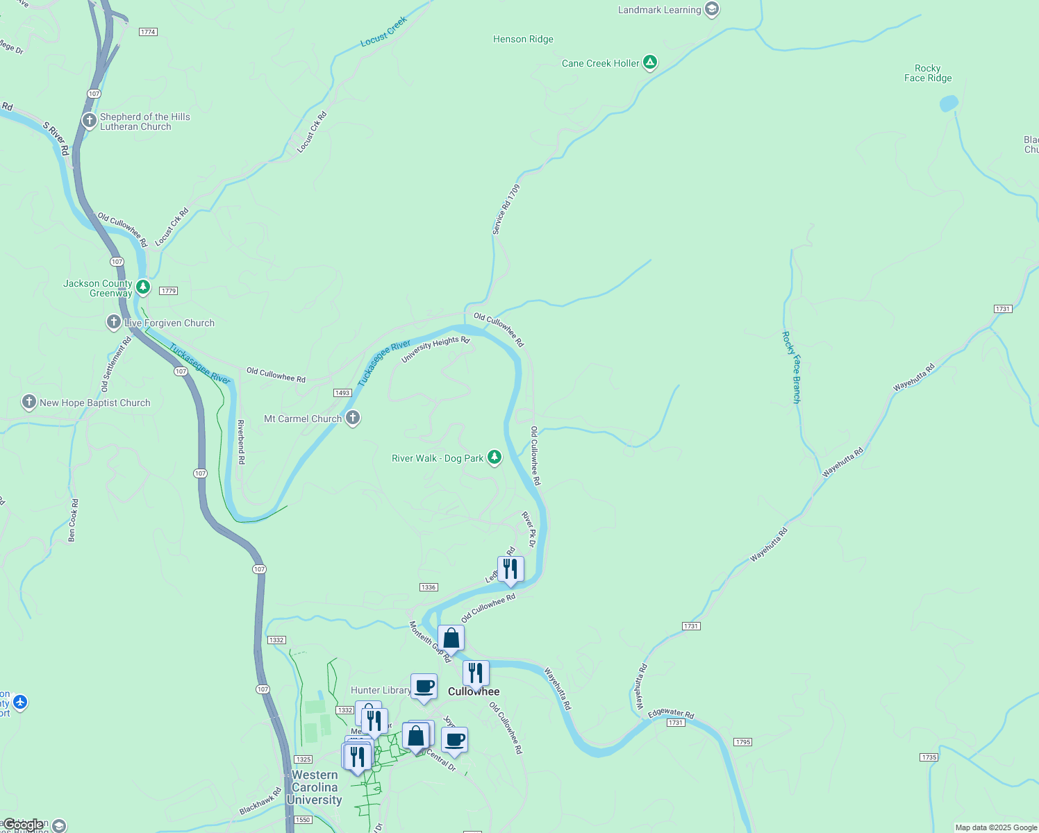 map of restaurants, bars, coffee shops, grocery stores, and more near 9 Treehaven Lane in Sylva