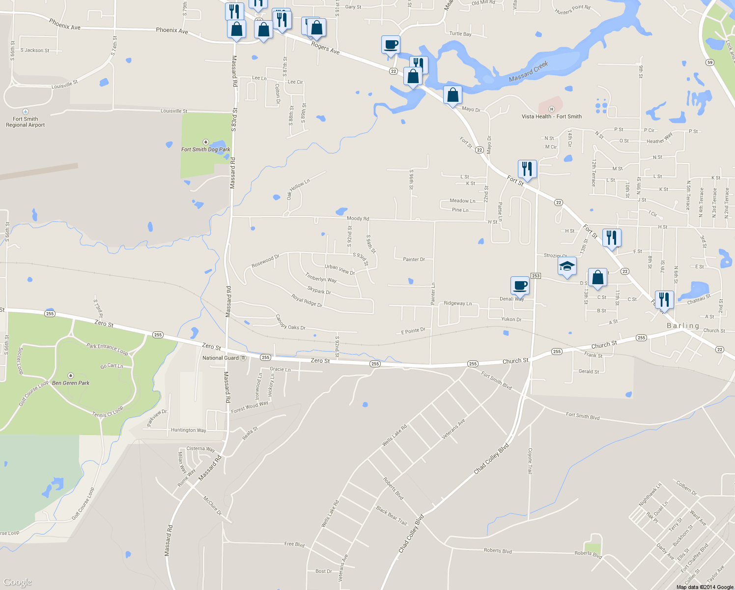 map of restaurants, bars, coffee shops, grocery stores, and more near 9207 Skypark Drive in Fort Smith