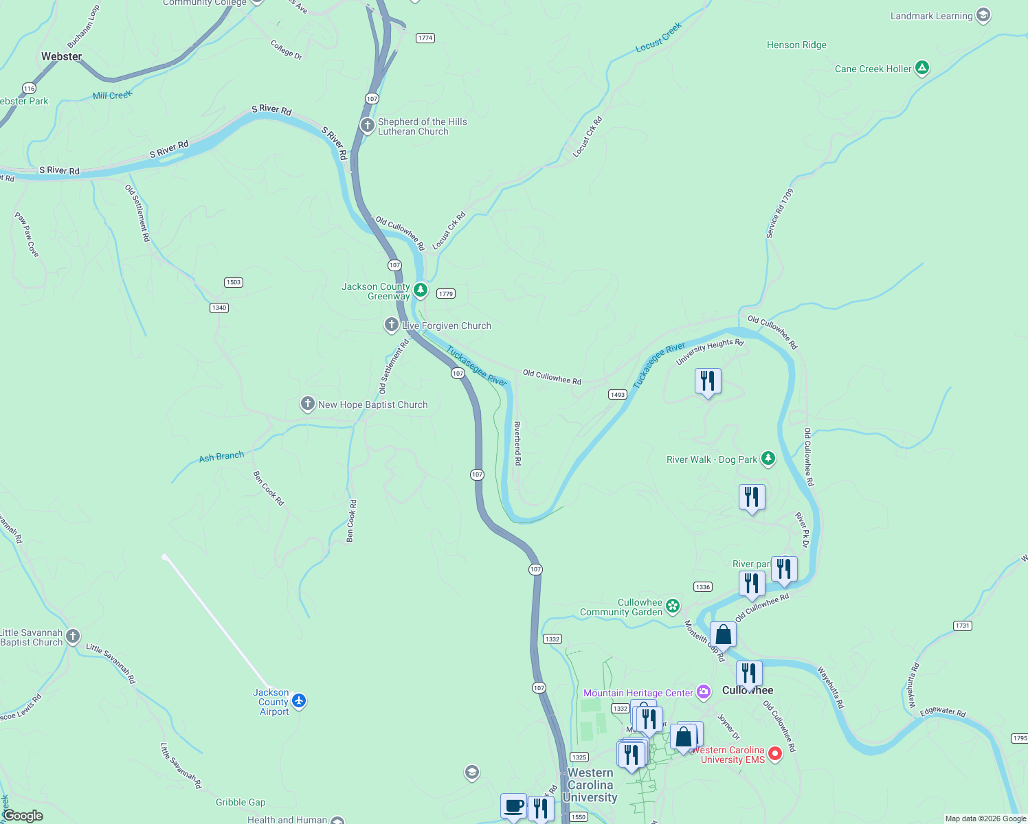 map of restaurants, bars, coffee shops, grocery stores, and more near 138 Riverbend Road in Sylva