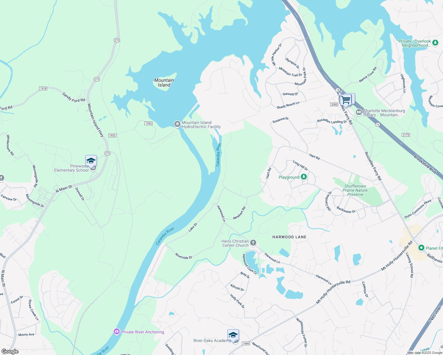 map of restaurants, bars, coffee shops, grocery stores, and more near 11625 Riverhaven Drive in Charlotte
