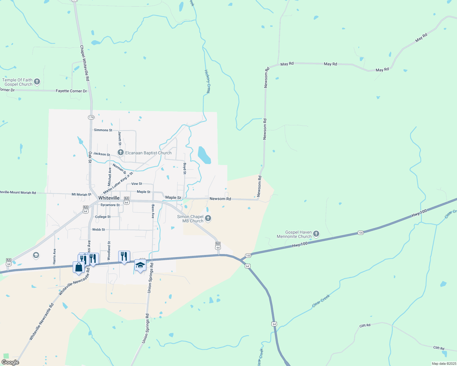 map of restaurants, bars, coffee shops, grocery stores, and more near 1055 Newsom Road in Whiteville