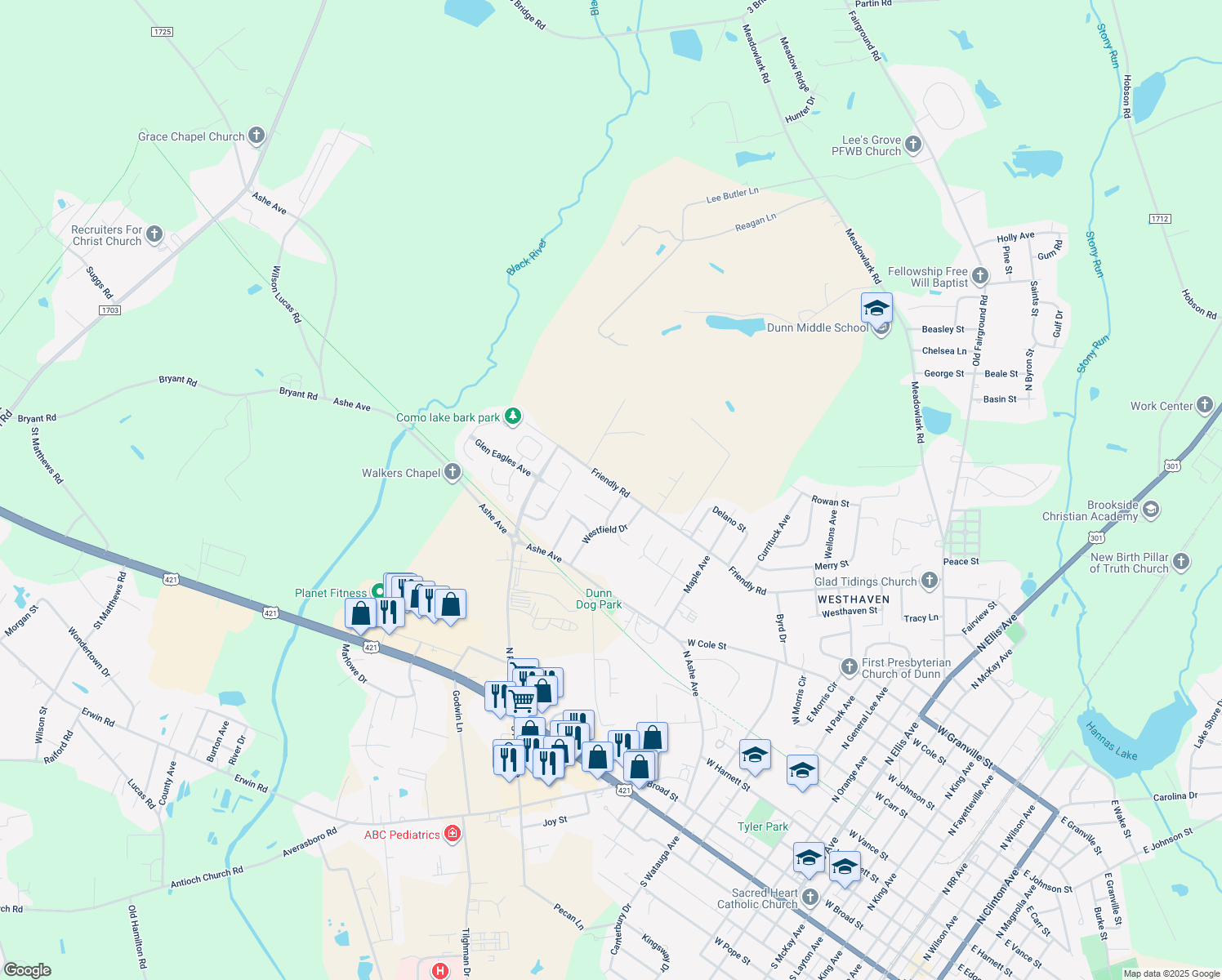 map of restaurants, bars, coffee shops, grocery stores, and more near 1901 Friendly Road in Dunn