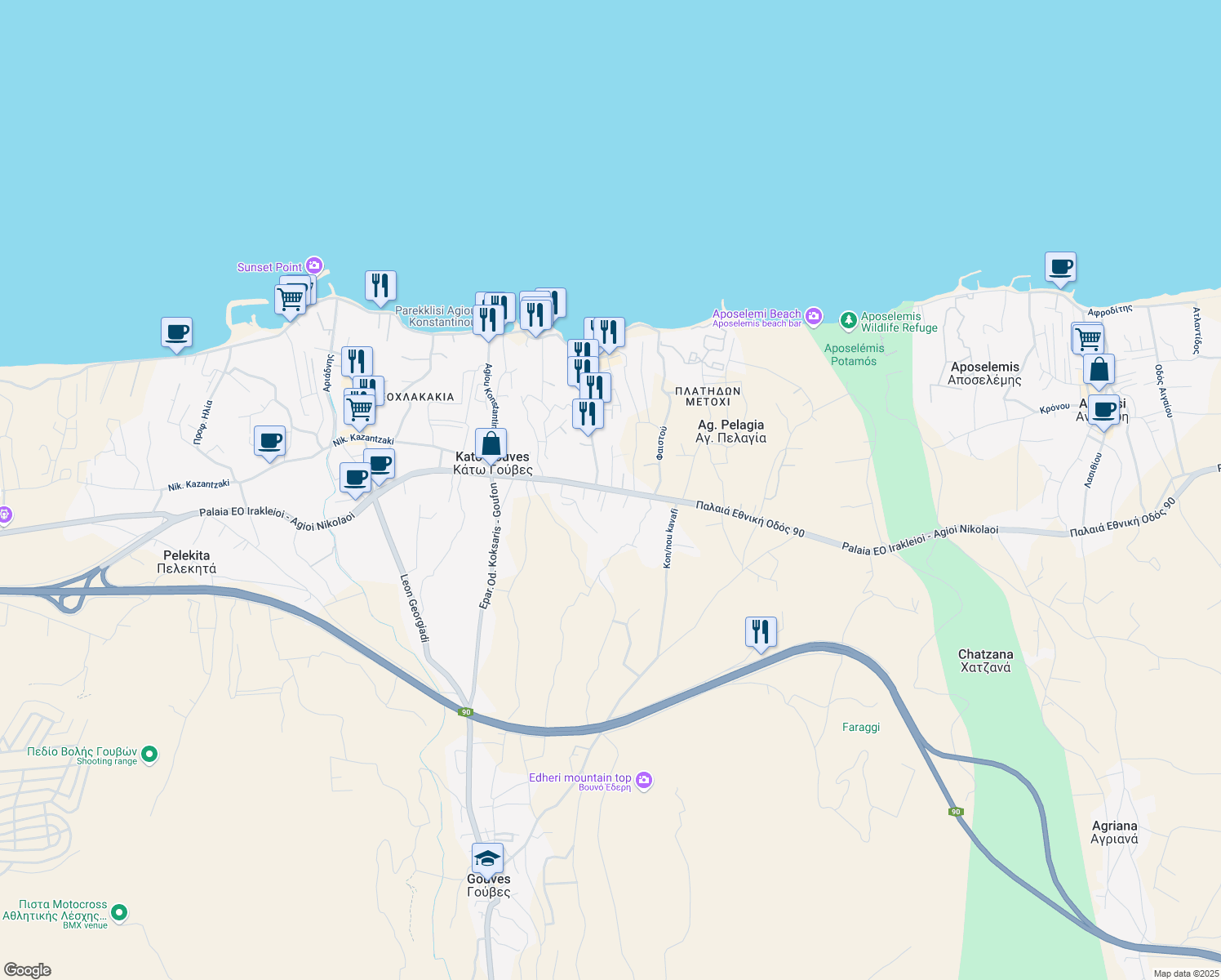 map of restaurants, bars, coffee shops, grocery stores, and more near Palea Ethniki Odos Irakliou Agiou Nikolaou in Kato Gouves