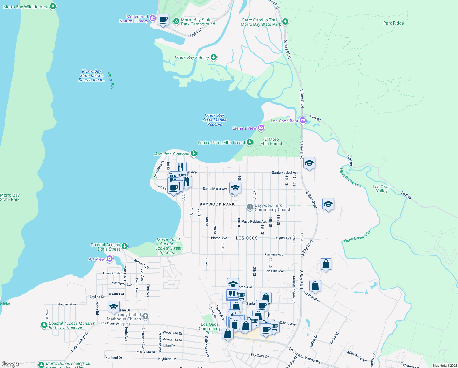 map of restaurants, bars, coffee shops, grocery stores, and more near 1277 9th Street in Baywood-Los Osos
