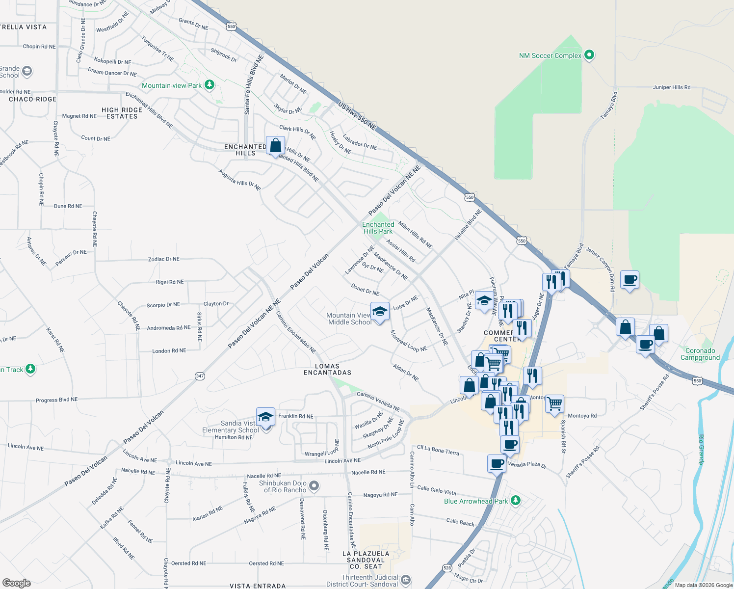 map of restaurants, bars, coffee shops, grocery stores, and more near 7340 Donet Drive Northeast in Rio Rancho