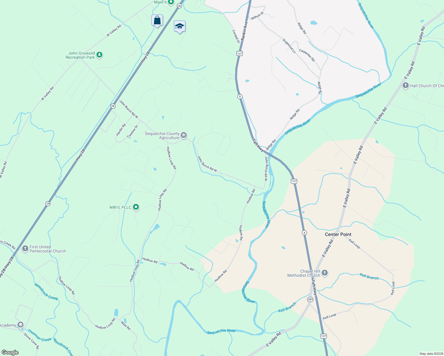 map of restaurants, bars, coffee shops, grocery stores, and more near 1626 John Burch Road West in Dunlap
