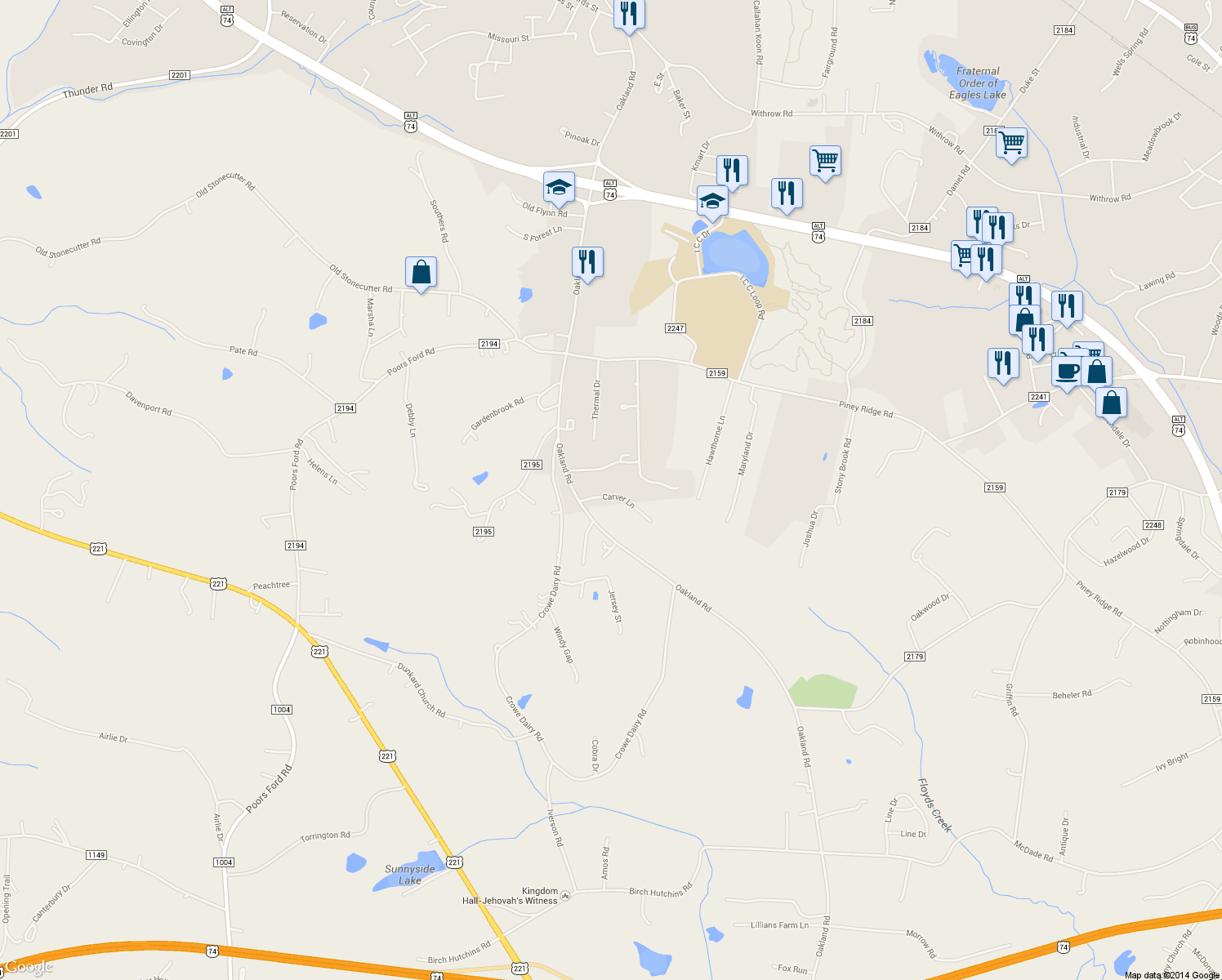 map of restaurants, bars, coffee shops, grocery stores, and more near 151 Carver Lane in Forest City