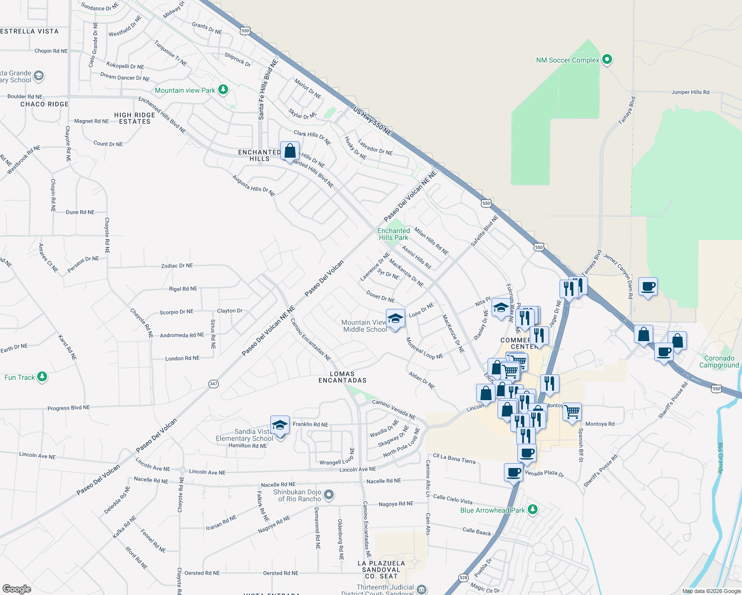 map of restaurants, bars, coffee shops, grocery stores, and more near 7324 Donet Drive Northeast in Rio Rancho