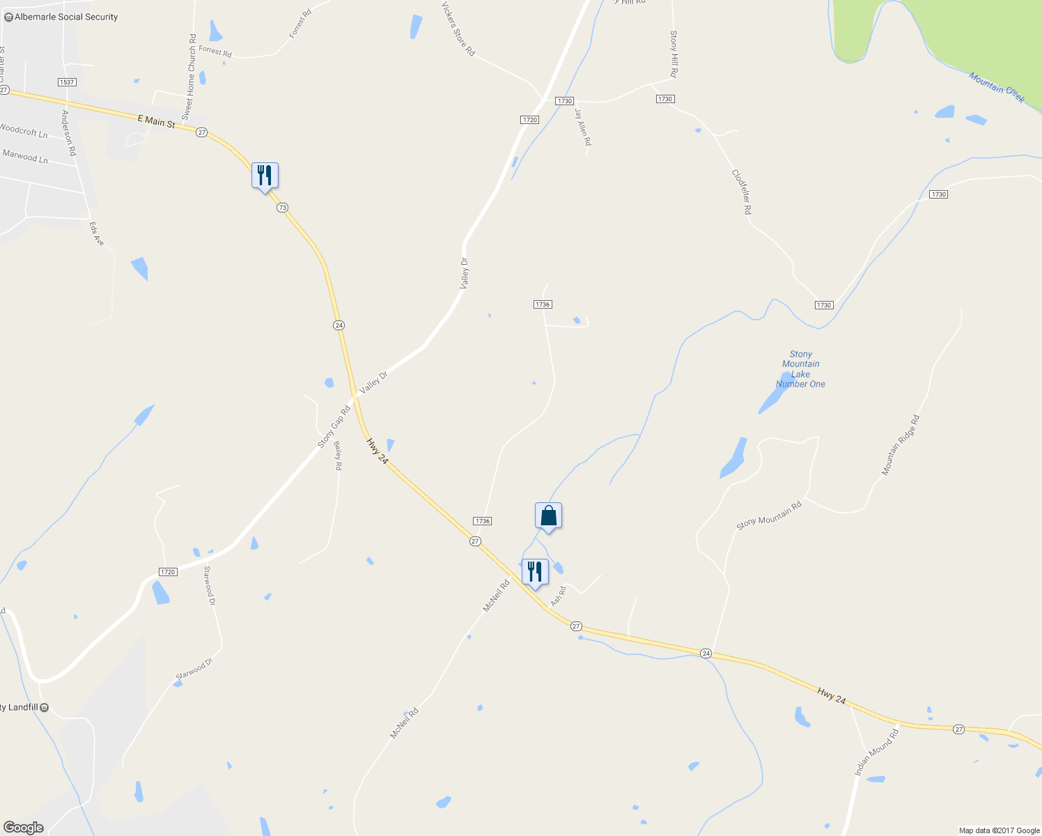 map of restaurants, bars, coffee shops, grocery stores, and more near 25785 Dunlap Road in Albemarle