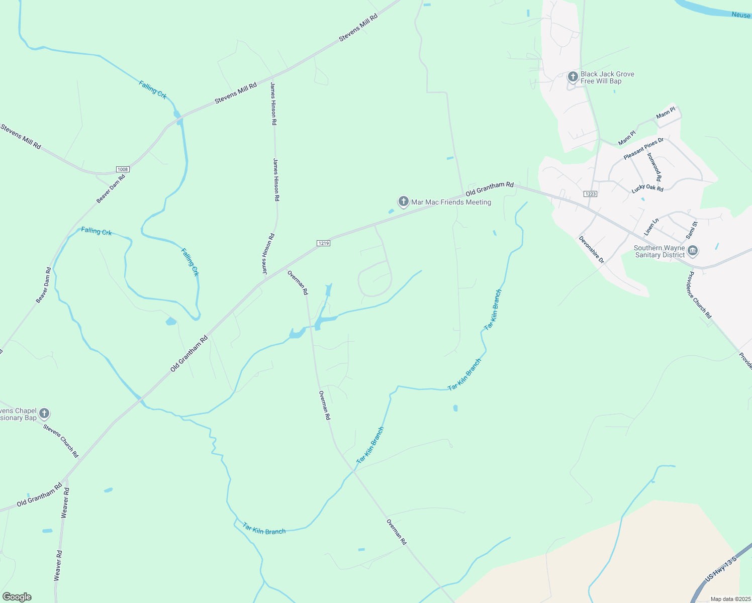 map of restaurants, bars, coffee shops, grocery stores, and more near 418 Twin Creeks Drive in Goldsboro