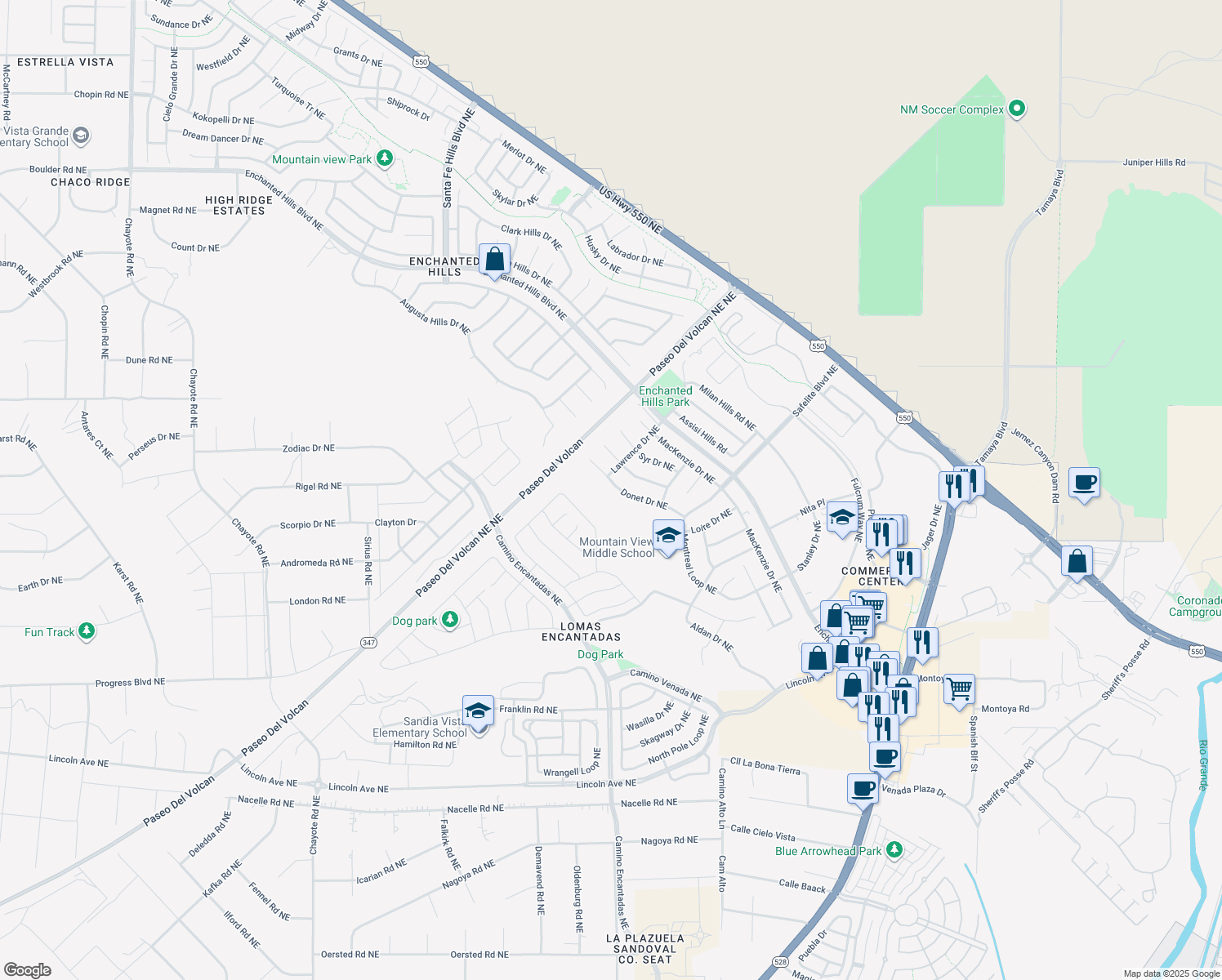 map of restaurants, bars, coffee shops, grocery stores, and more near 7308 Donet Drive Northeast in Rio Rancho