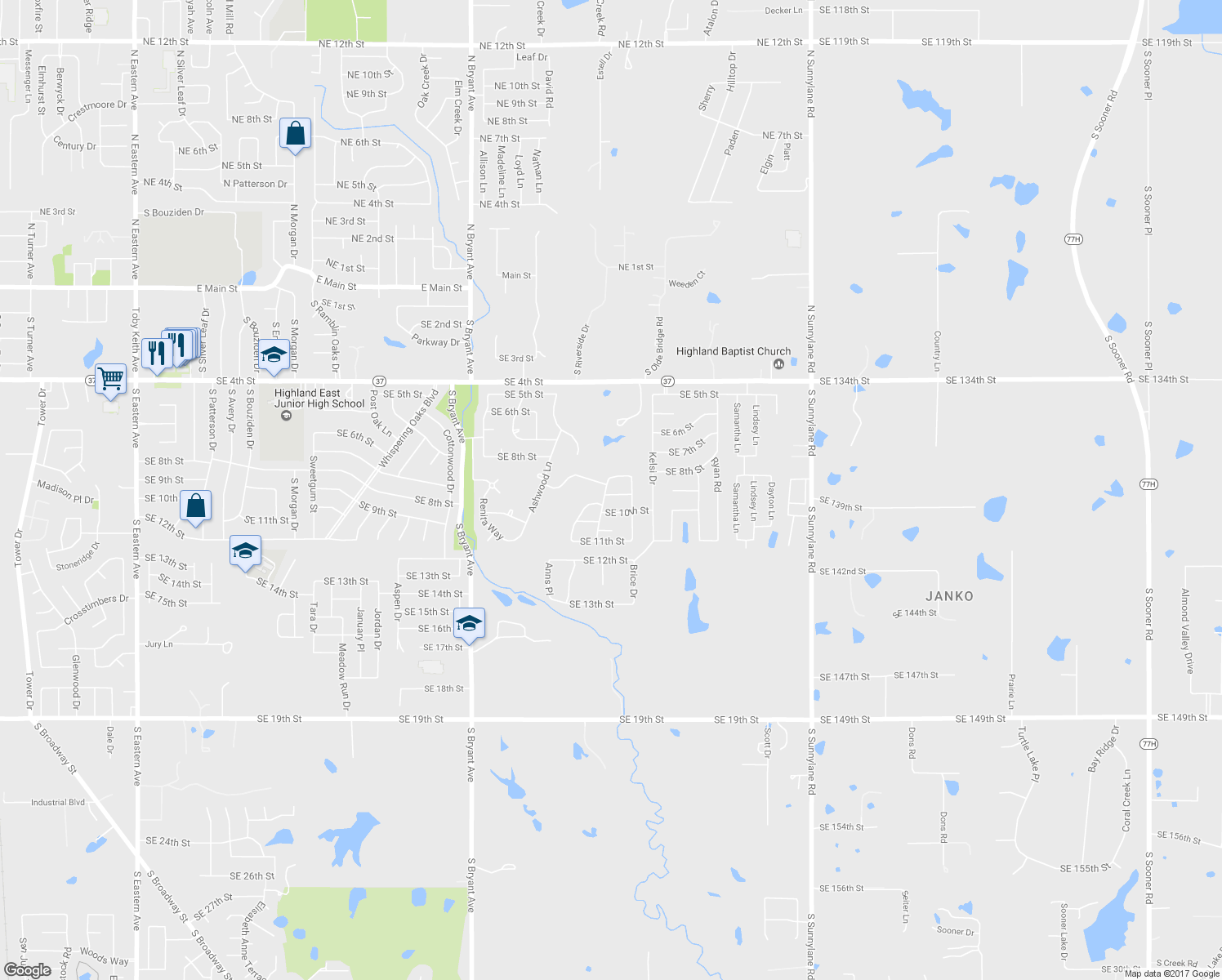 map of restaurants, bars, coffee shops, grocery stores, and more near 2501 SE 9th St in Moore