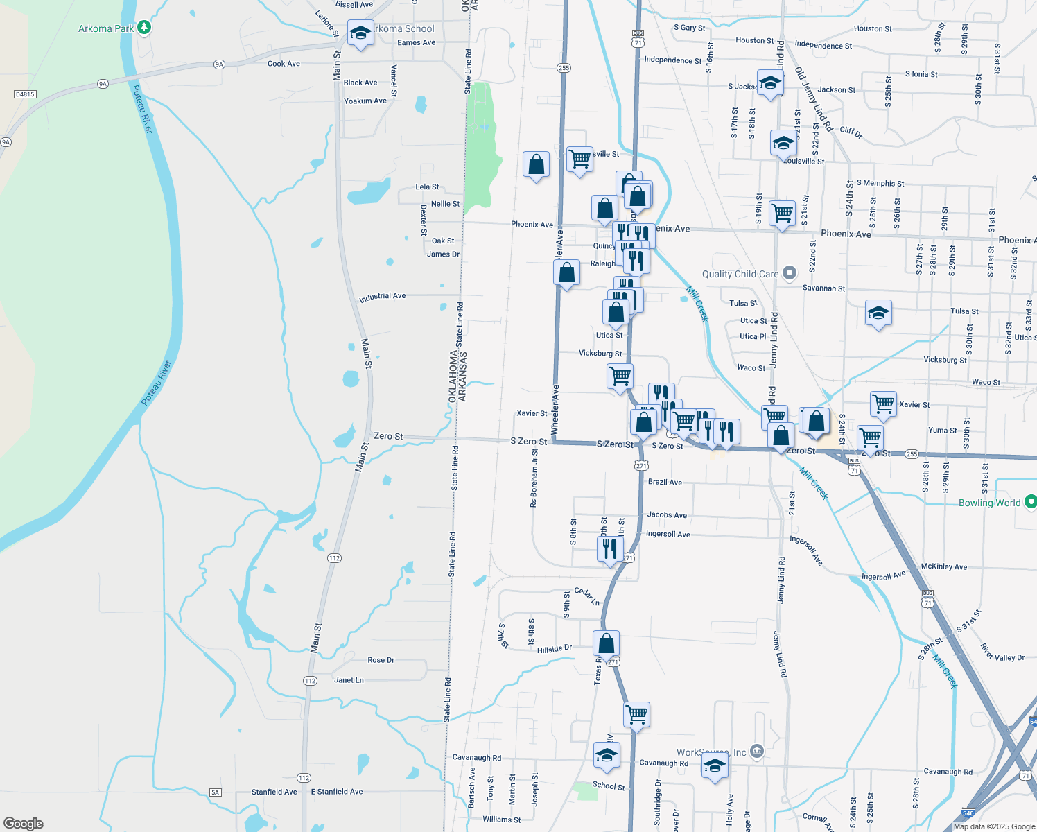 map of restaurants, bars, coffee shops, grocery stores, and more near 500 Xavier Street in Fort Smith