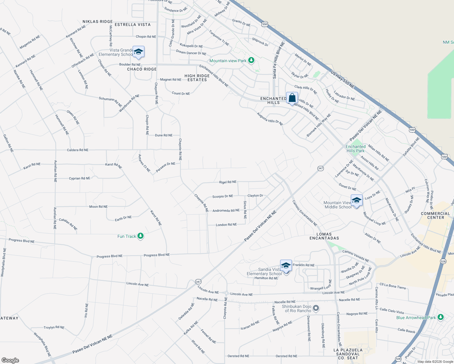 map of restaurants, bars, coffee shops, grocery stores, and more near Rigel Road Northeast in Rio Rancho