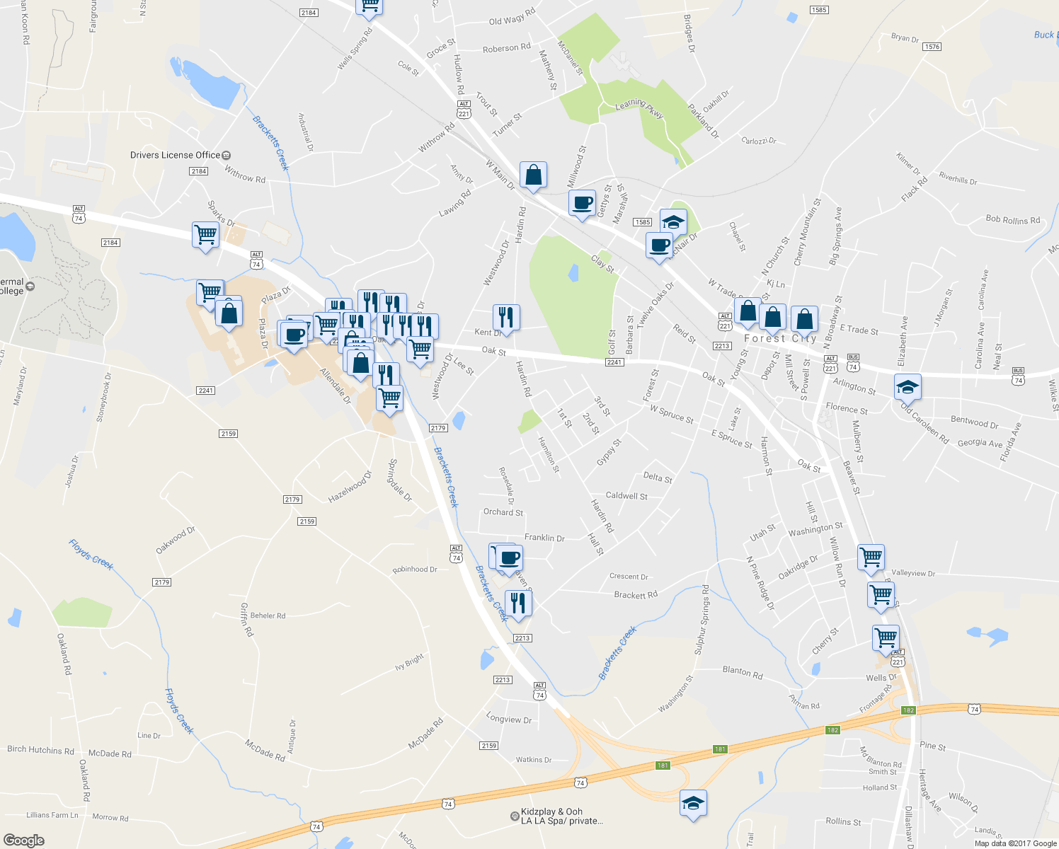 map of restaurants, bars, coffee shops, grocery stores, and more near 389 Hardin Road in Forest City