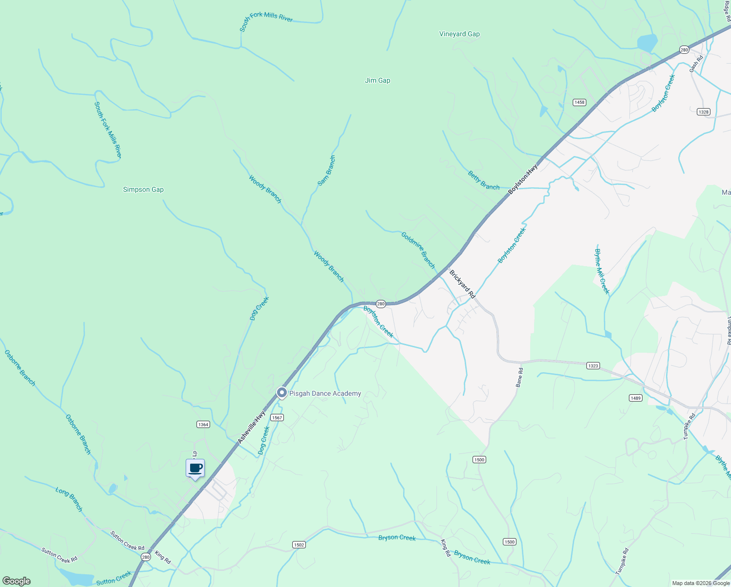 map of restaurants, bars, coffee shops, grocery stores, and more near 10910 Boylston Highway in Mills River