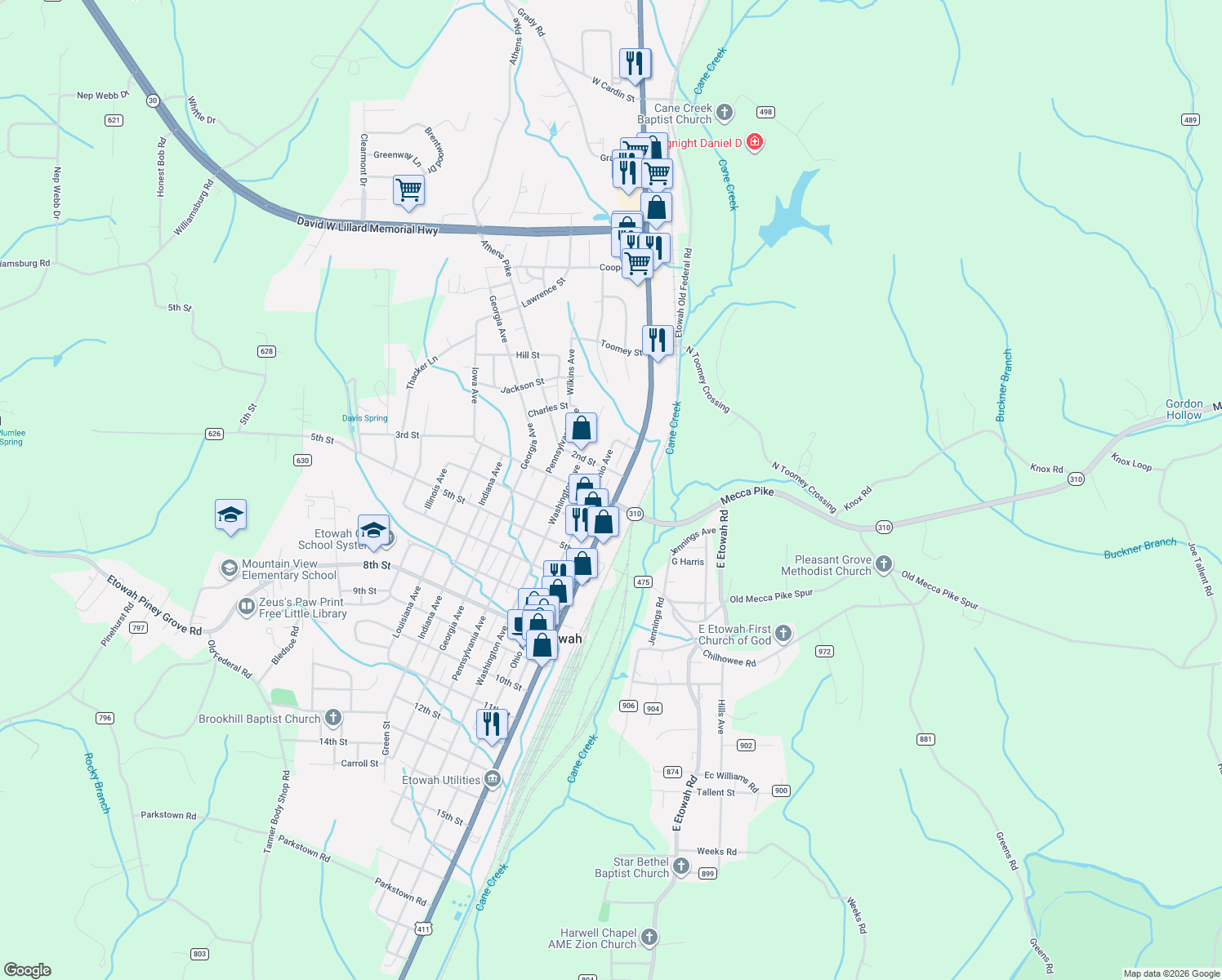 map of restaurants, bars, coffee shops, grocery stores, and more near 222 Tennessee Avenue in Etowah