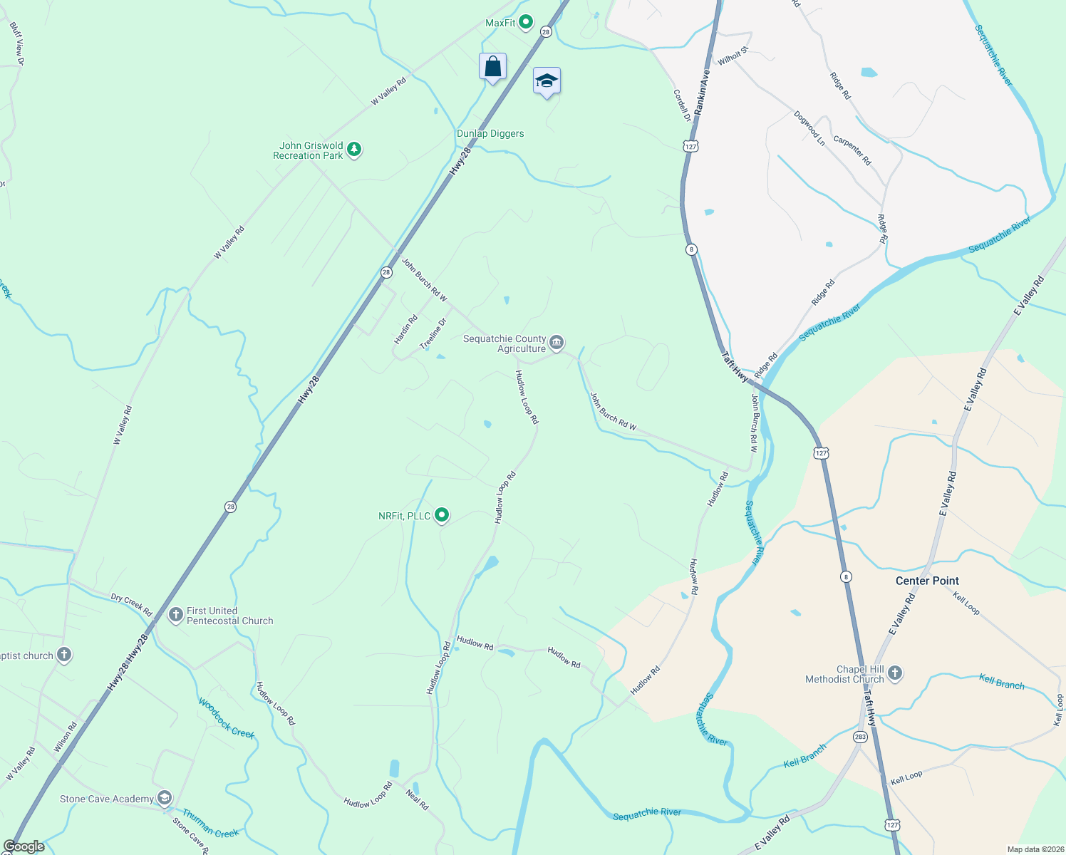 map of restaurants, bars, coffee shops, grocery stores, and more near 2703 Hudlow Loop Road in Dunlap