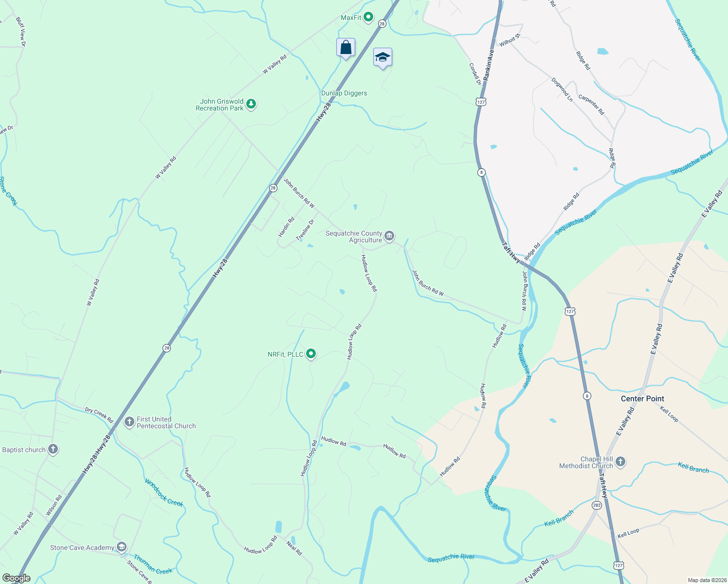 map of restaurants, bars, coffee shops, grocery stores, and more near 2703 Hudlow Loop Road in Dunlap
