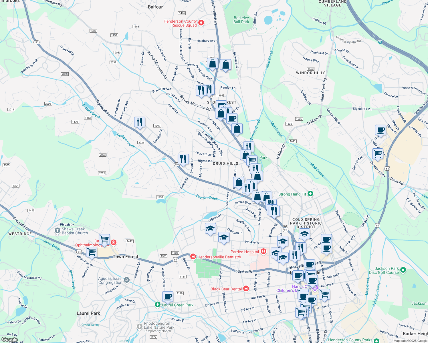 map of restaurants, bars, coffee shops, grocery stores, and more near 1529 Dawnview Drive in Hendersonville
