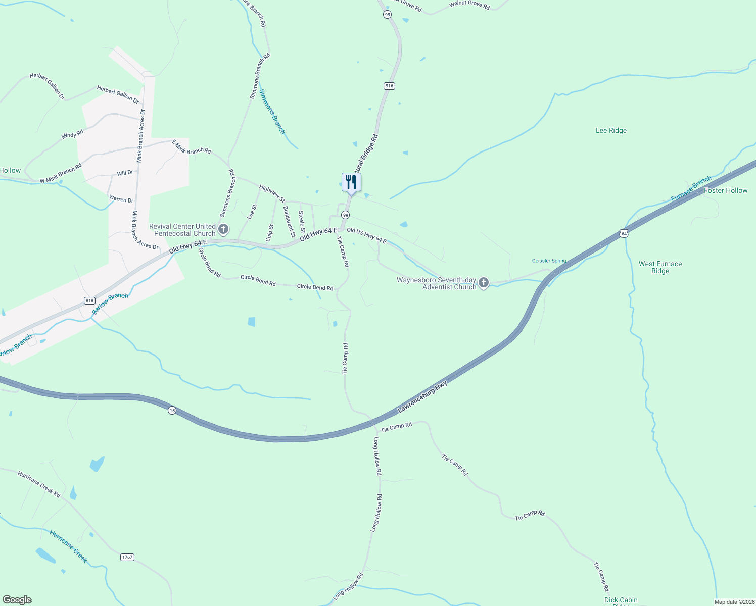 map of restaurants, bars, coffee shops, grocery stores, and more near 2060 Pinkley Road in Waynesboro