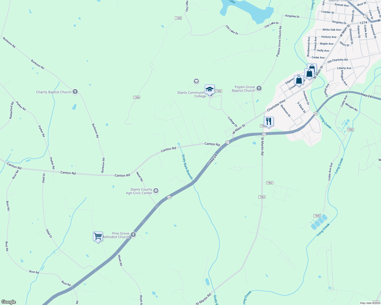 map of restaurants, bars, coffee shops, grocery stores, and more near 32034 Canton Road in Albemarle
