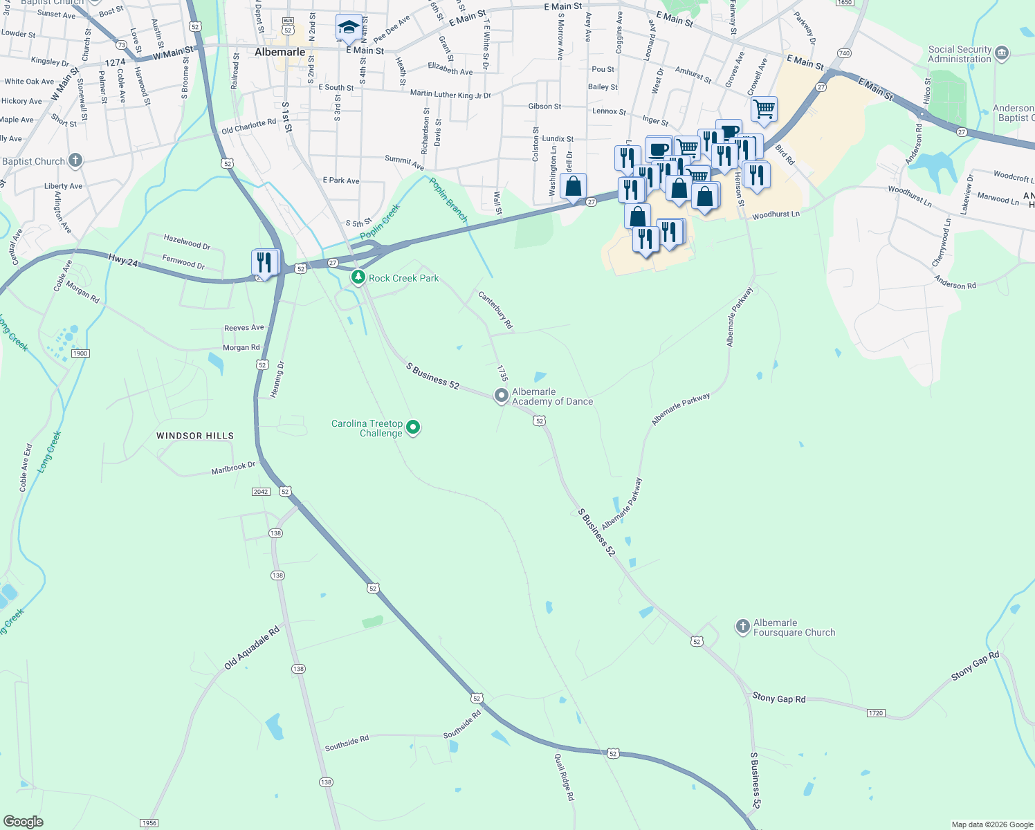 map of restaurants, bars, coffee shops, grocery stores, and more near 24747 U.S. 52 in Albemarle