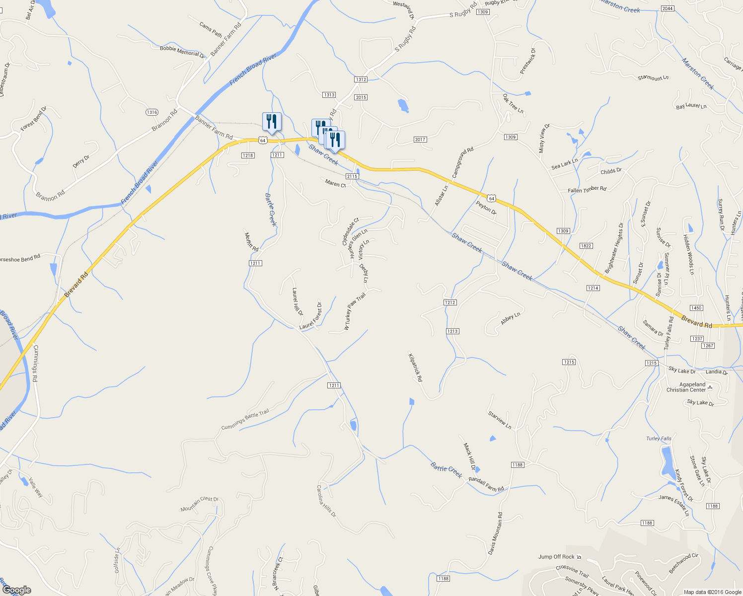 map of restaurants, bars, coffee shops, grocery stores, and more near 14 West Turkey Paw Trail in Hendersonville