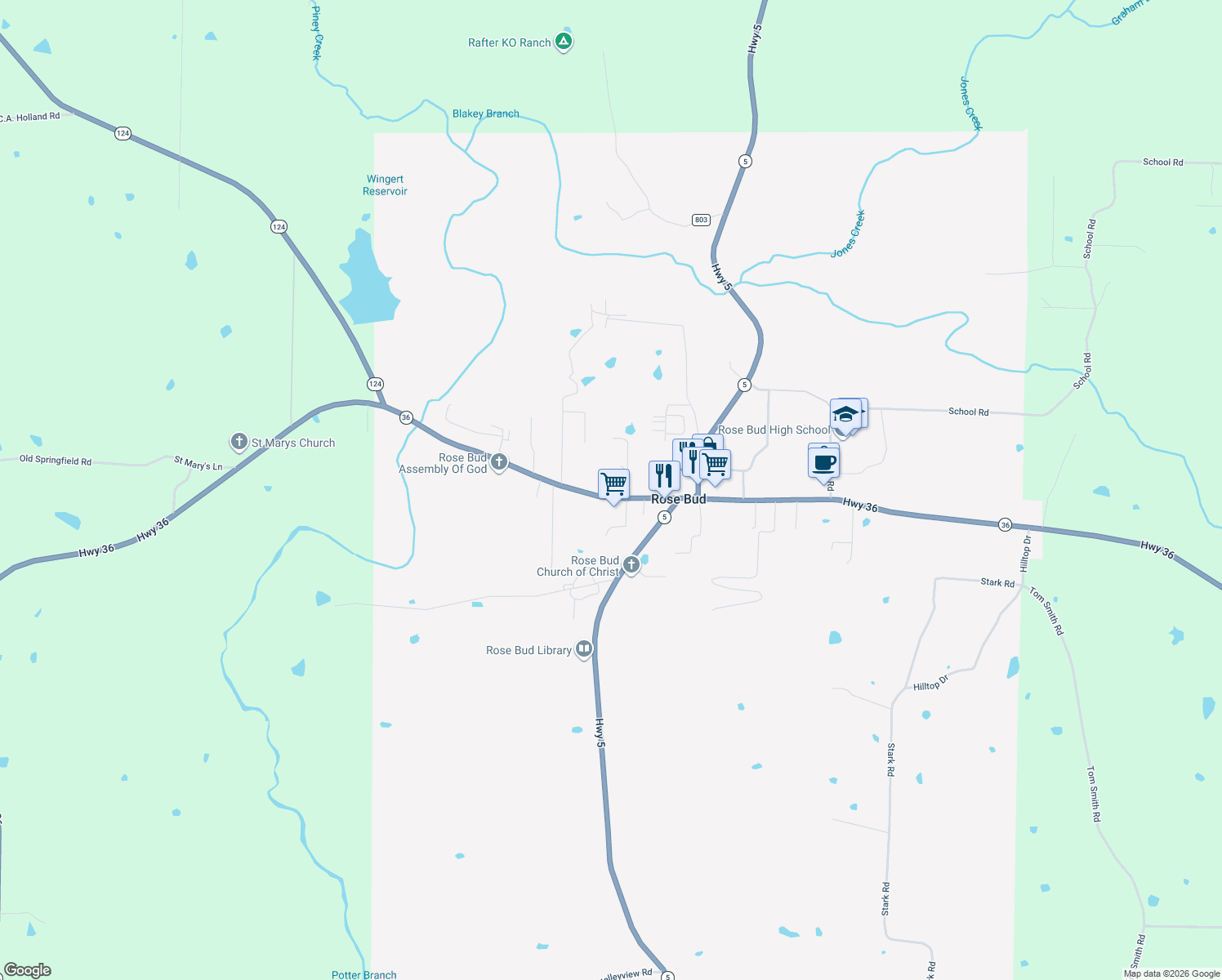 map of restaurants, bars, coffee shops, grocery stores, and more near 6056 Arkansas 36 in Rose Bud