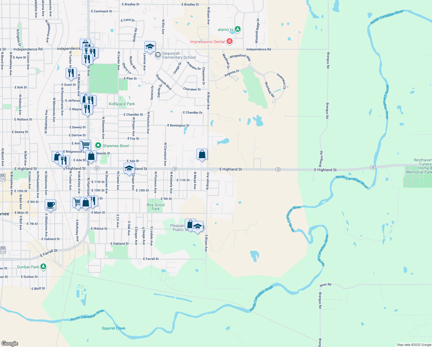 map of restaurants, bars, coffee shops, grocery stores, and more near 2301 E Highland St in Shawnee