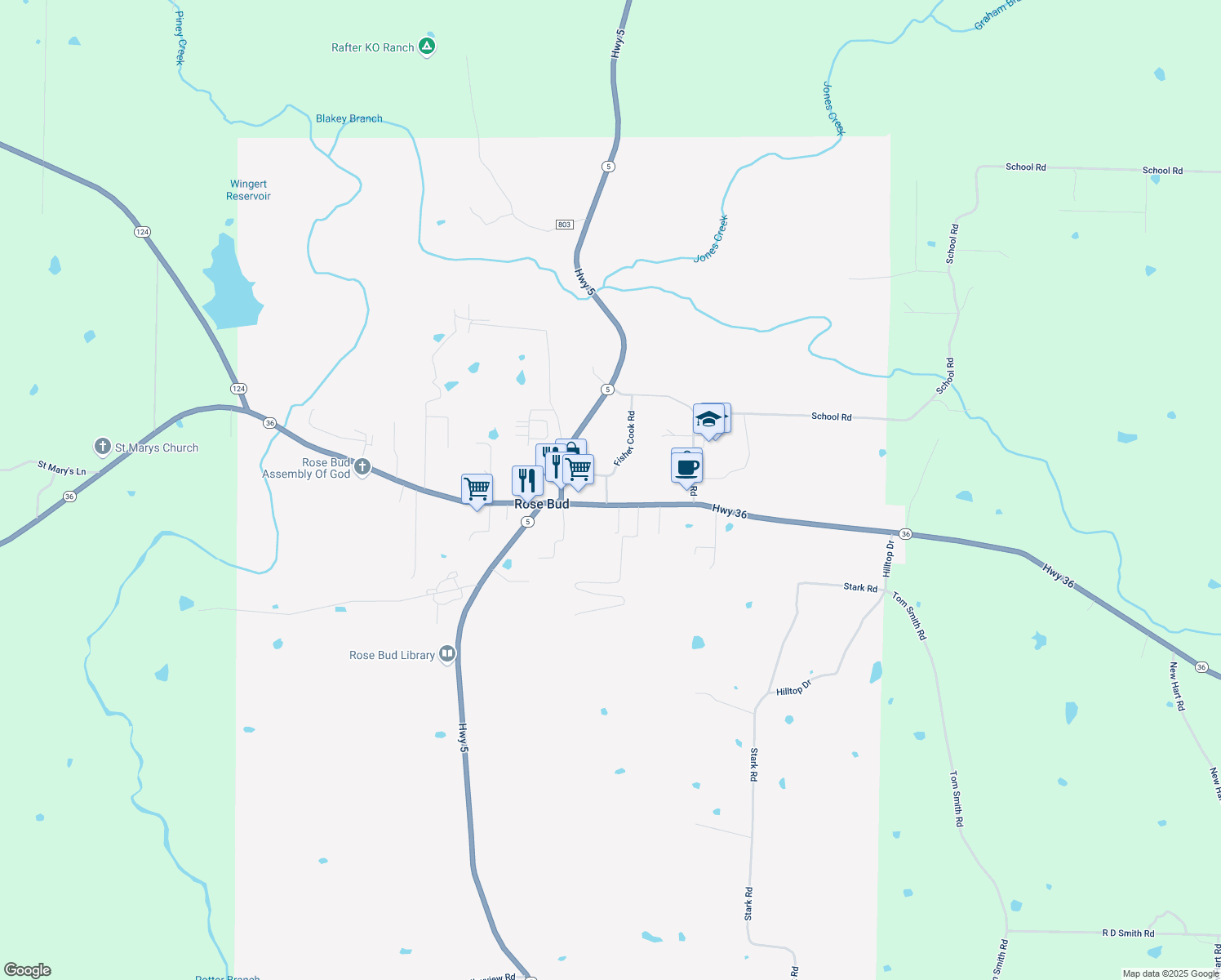 map of restaurants, bars, coffee shops, grocery stores, and more near 112 Church Avenue in Rose Bud
